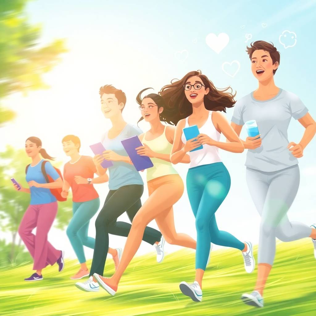 Group of young adults jogging outdoors with water bottles and tablets, symbolizing balance between fitness, technology, and the importance of healthy snacks.