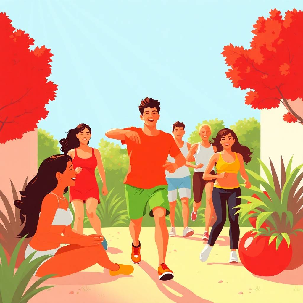 Group of young people walking and jogging outdoors on a sunny path, representing the energizing benefits of walking after meals in any season.