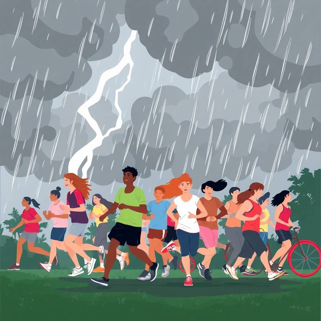 Illustration of diverse individuals walking and jogging in the rain under stormy skies, symbolizing commitment to walking after meals despite challenging conditions.