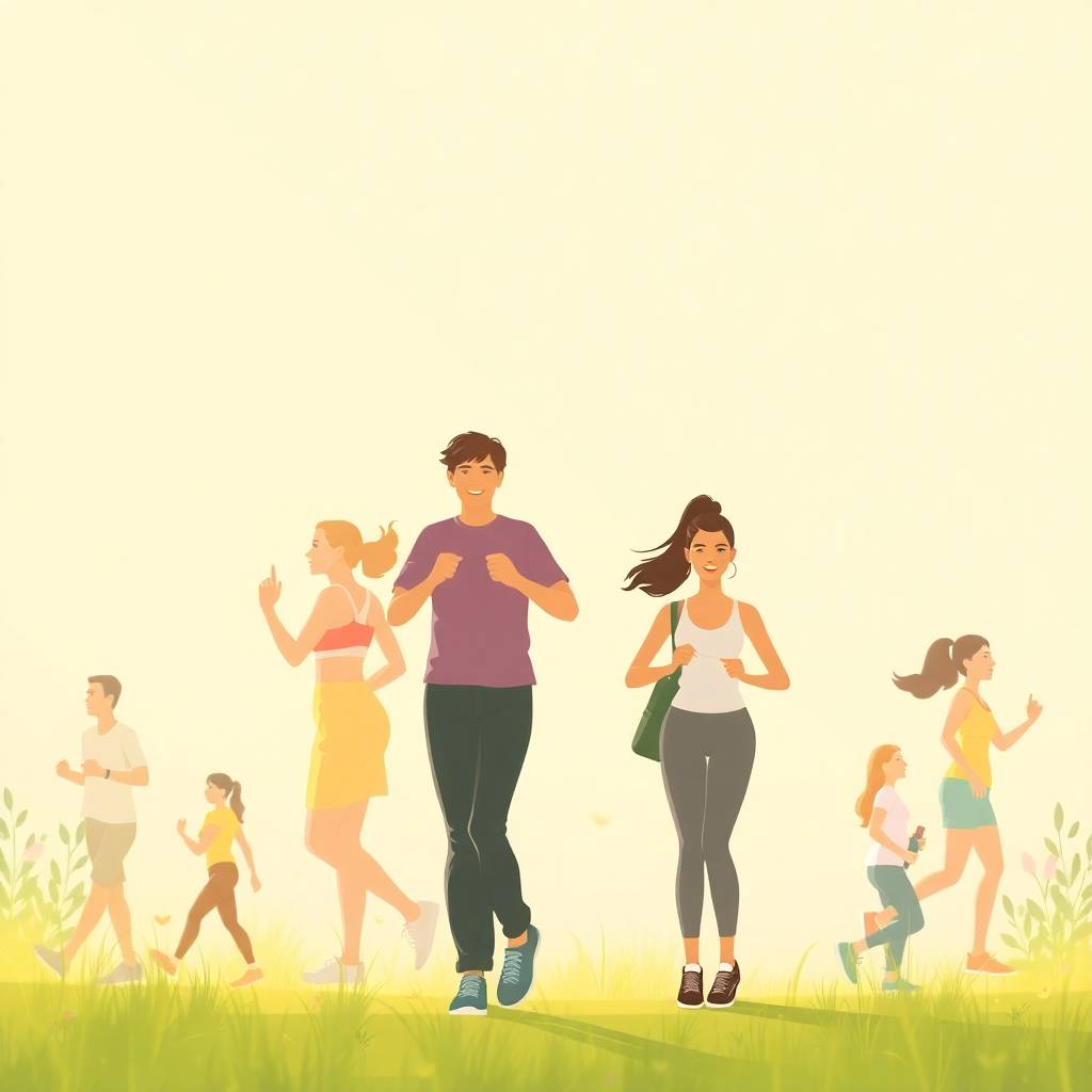 Illustration of people walking in a sunlit field, highlighting the peaceful and restorative effects of walking after meals as part of a daily wellness habit.