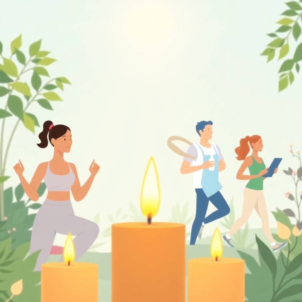 Illustration of people practicing yoga, jogging, and hydrating, representing balance, mindfulness, and the supportive role of healthy snacks in a wellness routine