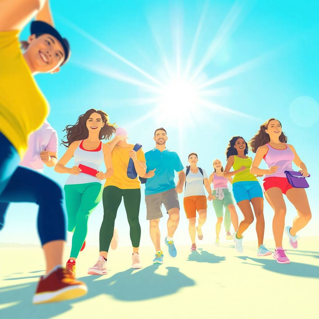Diverse group of people exercising outdoors, symbolizing energy, wellness, and the role of healthy snacks in an active lifestyle.