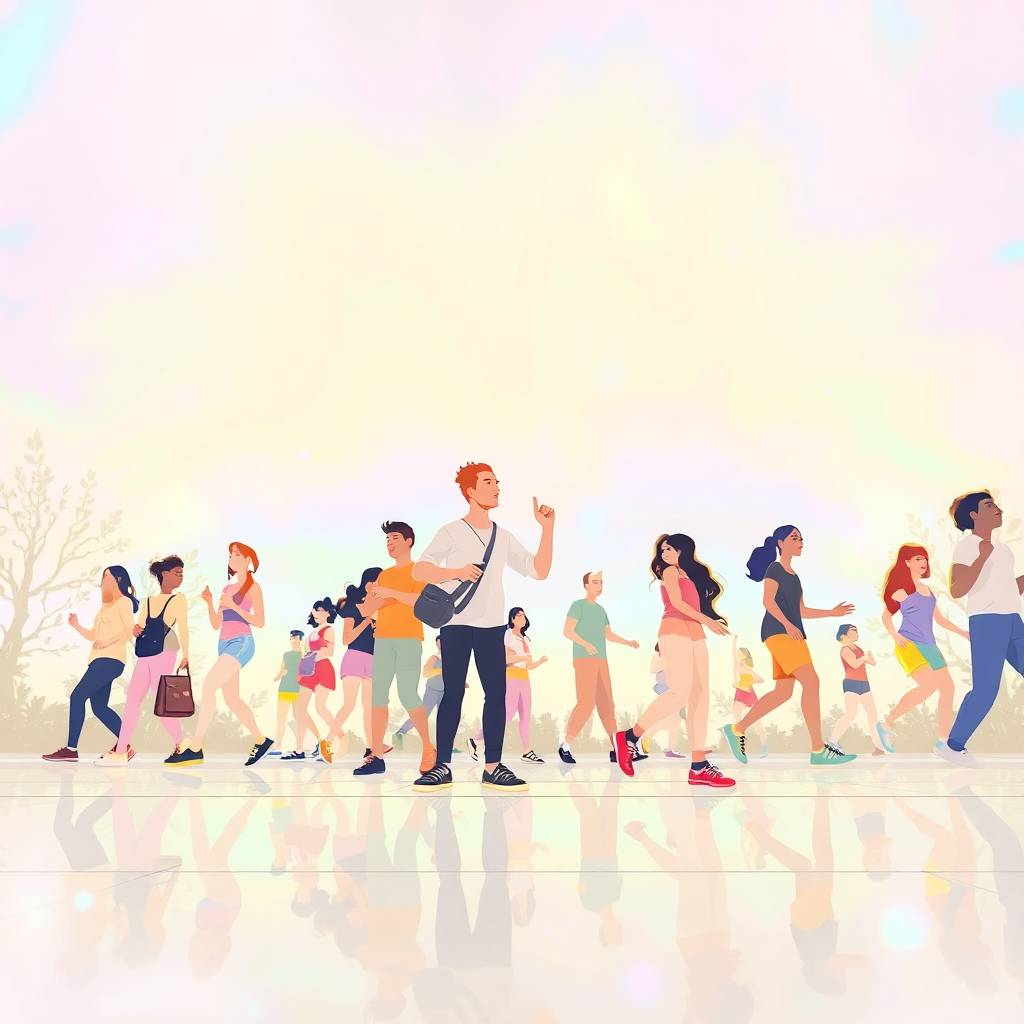 Colorful illustration of diverse people walking in daylight, symbolizing the physical and mental health benefits of walking after meals