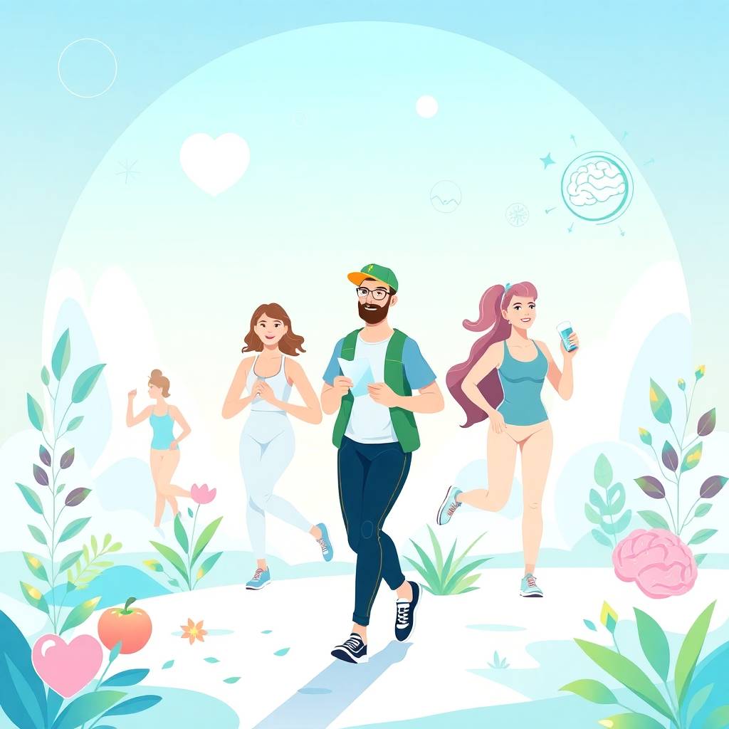 Illustration of diverse people jogging, doing yoga, and walking in a modern wellness scene with health symbols and nature elements, health information