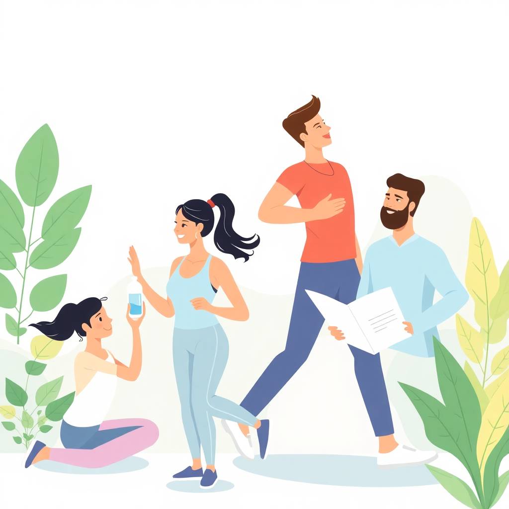 privacy policy, Daily wellness tips illustrated through people jogging, reading health guides, doing yoga, and staying hydrated.